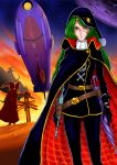  1boy 1girl animal_on_shoulder battleship belt bird bird_on_shoulder black_pants breasts cape cravat gloves grave green_hair hair_ornament hairclip harlock harlock_(cosplay) harlock_saga hayachine holster iron_cross kazami_yuuka kazami_yuuka_(pc-98) laser long_hair long_sleeves pants plaid planet red_eyes silhouette skull_and_crossbones space space_craft sunset tagme touhou touhou_(pc-98) umbrella 