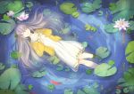  1girl afloat casual dress flower grey_hair hair_ornament hands_on_own_chest long_hair lotus lying mame_(yangqi787) original solo sweater tagme white_dress 