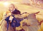  1boy 1girl armor bedivere blonde_hair cape carrying dress fate/stay_night fate_(series) field long_hair lsunl princess_carry saber sunset white_hair 