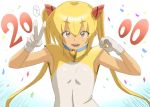  1girl blonde_hair doraemon dorami gloves hair_between_eyes highres long_hair number open_mouth personification twintails v white_gloves yooo 