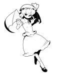  1girl ascot bat_wings greyscale hat hat_ribbon maru_rx mary_janes monochrome remilia_scarlet ribbon shoes short_hair sketch skirt smile socks solo touhou wings zun_hat 