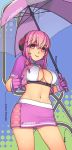  1girl breasts cleavage gloves headphones highres jacket large_breasts long_hair midriff miniskirt navel nitroplus pink_eyes pink_hair racequeen skirt solo super_sonico umbrella yuksi 