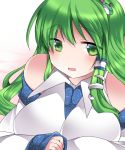  1girl blush breasts detached_sleeves frog_hair_ornament green_eyes green_hair hair_ornament hammer_(sunset_beach) kochiya_sanae large_breasts long_hair looking_at_viewer open_mouth snake_hair_ornament solo touhou 