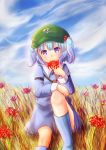  1girl arm_belt blue_eyes blue_hair blue_sky boots clouds cloudy_sky dress flower hair_bobbles hair_ornament hand_on_leg hat highres kanno_fumiroku kawashiro_nitori key long_sleeves looking_at_viewer nature plant pocket rubber_boots short_hair short_twintails sitting skirt skirt_set sky solo spider_lily touhou twintails wheat 