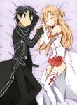  1boy 1girl asuna_(sao) black_eyes black_hair breastplate brown_hair closed_eyes coat couple fingerless_gloves gloves highres kinfuji kirito long_hair lying on_side short_hair sleeping sword_art_online thigh-highs 