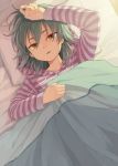  1boy aqua_hair bed blanket from_above inazuma_eleven_(series) inazuma_eleven_go kariya_masaki looking_at_viewer lying male parted_lips pillow riho solo under_covers yellow_eyes 