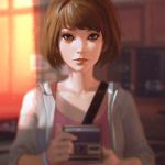  1girl blue_eyes blurry brown_hair collarbone holding ilya_kuvshinov life_is_strange lips looking_at_viewer max_caulfield profile short_hair solo wristband 