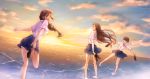  3girls blue_skirt blush brown_eyes brown_hair clouds conone happy highres long_hair multiple_girls ocean original school_uniform shirt shoes short_hair skirt sky smile standing sun sunset tagme white_shirt 