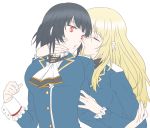  2girls ascot atago_(kantai_collection) black_hair blonde_hair bust closed_eyes hand_on_another&#039;s_face kantai_collection long_hair multiple_girls red_eyes short_hair takao_(kantai_collection) udon_(shiratama) yuri 
