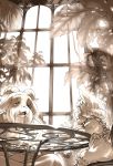  closed_eyes cup dress furry horns kikurage_(crayon_arts) monochrome no_humans open_mouth saucer scar sitting smile table tagme teacup window 