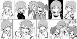  5boys black_background bust closed_eyes earth_eleven gakuran grin halftone inazuma_eleven_(series) inazuma_eleven_go kageyama_hikaru kariya_masaki kirino_ranmaru long_hair looking_back male matsukaze_tenma monochrome multiple_boys open_mouth raimon raimon_school_uniform raimon_soccer_uniform riho school_uniform shindou_takuto simple_background smile soccer_uniform sportswear track_jacket v white_background 