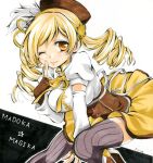  1girl ;) blonde_hair breasts copyright_name detached_sleeves drill_hair finger_to_cheek fingerless_gloves gloves hat long_hair looking_at_viewer mahou_shoujo_madoka_magica one_eye_closed p-line smile solo tagme tomoe_mami twin_drills yellow_eyes 