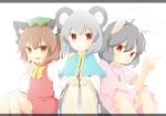  3girls animal_ears black_hair bow brown_eyes brown_hair capelet carrot_necklace cat_ears chen dress earrings ellipsis_(mitei) grey_hair grin hat inaba_tewi jewelry letterboxed looking_at_viewer mouse_ears multiple_girls nazrin pendant pointing rabbit_ears red_eyes short_hair smile touhou 