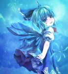  1girl blue blue_background blue_dress blue_eyes blue_hair bow cirno dress hair_bow ice ice_wings karioda looking_at_viewer short_hair smile solo touhou wings 