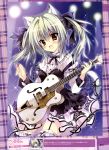  1girl :d absurdres animal_ears black_legwear breasts cat_ears cat_tail dress fang frilled_dress frills green_hair guitar herurun highres instrument lolita_fashion open_mouth plectrum smile tail thigh-highs twintails yellow_eyes 