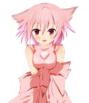  1girl absurdres animal_ears bare_shoulders blush breast_squeeze breasts detached_sleeves hat highres inubashiri_momiji looking_at_viewer open_mouth pink_hair pom_pom_(clothes) red_eyes short_hair simple_background solo touhou v_arms white_background wolf_ears 