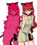  1girl alternate_costume animal_ears blush cat_ears extra_ears highres kaenbyou_rin long_hair looking_at_viewer pointy_ears red_eyes redhead simple_background solo touhou white_background yunuki_uta 