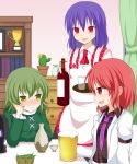  :d alcohol arm_support beer blue_hair blush cactus curtains fenikkusu_takahashi green_eyes green_hair hat hat_removed headwear_removed horikawa_raiko nagae_iku no_hat open_mouth plant potted_plant power_connection red_eyes redhead short_hair smile soga_no_tojiko touhou 