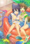  2boys animal_ears ball bandaid beachball bell bell_collar black_hair blue_eyes blush brown_hair bucket cat_ears cat_tail collar dog_ears dog_tail flip-flops free! green_eyes hose male memeo_(candy_house) multiple_boys nanase_haruka_(free!) open_mouth otter rubber_duck sandals short_hair smile tachibana_makoto tail toy_boat wading_pool young 