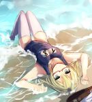  1girl aqua_eyes arms_up blonde_hair breasts glasses i-8_(kantai_collection) kantai_collection looking_at_viewer lying name_tag on_back plan_(planhaplalan) red-framed_glasses school_swimsuit semi-rimless_glasses sketch solo swimsuit thigh-highs under-rim_glasses upside-down white_legwear 