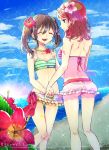  2girls ^_^ beach bikini black_hair closed_eyes earrings flower hair_flower hair_ornament highres holding_hands iukawa_hamosaku jewelry love_live!_school_idol_project multiple_girls nail_polish necklace nishikino_maki open_mouth redhead short_hair star star_earrings sunglasses sunglasses_on_head swimsuit twintails violet_eyes yazawa_nico 