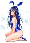  1girl animal_ears bare_legs bare_shoulders blue_hair blush bunnysuit fake_animal_ears high_heels long_hair looking_at_viewer love_live!_school_idol_project muffin_(sirumeria) profile rabbit_ears sitting small_breasts solo sonoda_umi wariza yellow_eyes 