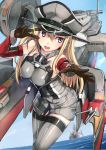  1girl akasaai bismarck_(kantai_collection) blonde_hair blue_eyes breasts detached_sleeves gloves grey_legwear hat highres kantai_collection long_hair machinery outstretched_hand peaked_cap solo thigh-highs v v_over_eye 