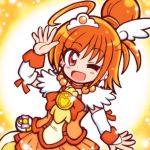  1girl ;d ahoge arm_warmers bowtie brooch choker cure_sunny earrings guardias hair_bun hair_ornament hairpin hino_akane_(smile_precure!) jewelry magical_girl one_eye_closed open_mouth orange_hair orange_skirt precure red_eyes short_hair skirt smile smile_precure! solo 