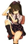  1girl black_legwear brown_hair chair checkered checkered_skirt hair_ornament hair_ribbon hat himekaidou_hatate holding_hair kneehighs leg_up long_hair looking_up mouth_hold panties ribbon ribbon_in_mouth shirt short_sleeves simple_background sitting skirt solo tokin_hat touhou twintails underwear urin vest white_background 