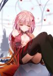  1girl bare_shoulders breasts center_opening cleavage detached_sleeves guilty_crown hair_ornament hairclip long_hair looking_down navel pink_hair red_eyes solo terric thigh-highs twintails yuzuriha_inori 