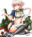  1girl arm_support braid breasts cannon cleavage_cutout cloud_print crop_top gachapon green_legwear kantai_collection long_hair mecha_musume midriff pleated_skirt short_sleeves single_braid sitting skirt smile solo tareme thigh-highs unryuu_(kantai_collection) very_long_hair white_hair yellow_eyes 