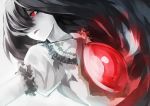  1girl black_hair chiruru96 covering_one_eye long_hair monochrome open_mouth outstretched_arm puffy_sleeves red_eyes reiuji_utsuho shirt short_sleeves simple_background solo spot_color third_eye touhou 