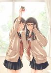  2girls black-framed_glasses black_hair brown_eyes brown_hair cardigan cover glasses grin kamo_(gafas) looking_up multiple_girls original pleated_skirt school_uniform self_shot serafuku skirt sleeves_past_wrists smile v 