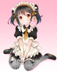  1girl alternate_eye_color blush gloves gradient gradient_background grey_legwear looking_at_viewer love_live!_school_idol_project maid maid_headdress orange_eyes pink_background ratryu short_hair short_twintails sitting smile solo striped striped_legwear thigh-highs twintails v_arms vertical-striped_legwear vertical_stripes wariza white_gloves yazawa_nico 