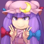  1girl blue_bow bow crescent crescent_moon double_v hat highres hospital_king long_hair long_sleeves mob_cap moon patchouli_knowledge pink_ribbon purple_background purple_hair red_bow ribbon smile solo touhou v violet_eyes 