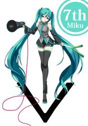  1girl aqua_eyes aqua_hair boots detached_sleeves hatsune_miku headset heart_tattoo highres long_hair megaphone necktie skirt solo spring_onion thigh_boots thighhighs twintails vblue very_long_hair vocaloid zettai_ryouiki 