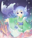  1girl animal_ears blue_eyes blue_hair bubble coral drill_hair ellipsis_(mitei) head_fins highres japanese_clothes kimono long_sleeves looking_at_viewer mermaid monster_girl obi sash short_hair smile solo touhou underwater wakasagihime wide_sleeves 