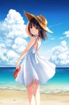  1girl beach brown_eyes brown_hair dress flip-flops hat holding holding_shoes looking_back ocean original sandals shoes_removed short_hair sky sleeveless smile solo straw_hat sundress sura_(mana0703) water 