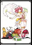 1girl absurdres alternate_costume angel_wings animal_ears arm_belt asymmetrical_wings bare_shoulders barefoot bone bottle bracelet branch breasts candle cleavage dress flower food highres ideolo jewelry large_breasts looking_at_viewer mask meat mouse mouse_ears mouse_tail mushroom pink_eyes pink_hair pumpkin rock saigyouji_yuyuko scan short_hair simple_background solo tail touhou treasure_chest white_background wings 