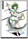  1girl absurdres anchor ascot barefoot character_name green_eyes green_hair hat highres ideolo looking_at_viewer murasa_minamitsu sailor sailor_collar sailor_hat short_hair shorts simple_background solo touhou white_background 