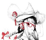  1girl :p black_hair braid buttons glasses hair_ribbon hat headphones highres jaco monochrome original red_eyes ribbon solo straw_hat tongue tongue_out twin_braids witch_hat 