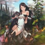  1girl agnes_oblige arm_support bangs black_eyes black_gloves black_hair black_legwear boots bravely_default:_flying_fairy bravely_default_(series) dress forest gloves hairband hand_on_own_chest highres leg_up long_hair nature scan smile solo swept_bangs thigh-highs thigh_boots white_dress yoshida_akihiko 