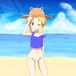  1girl beach bikini blonde_hair blue_eyes blush camisole cato_(monocatienus) hat lowleg lowleg_bikini moriya_suwako navel ocean off_shoulder one_eye_closed petite seaside short_hair smile solo swimsuit touhou 