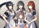  4girls agano_(kantai_collection) alternate_costume apron black_hair braid breasts brown_hair cleavage dress enmaided gloves grey_hair hand_on_own_chest highres kantai_collection long_hair maid multiple_girls noshiro_(kantai_collection) open_mouth plan_(planhaplalan) ponytail red_eyes sakawa_(kantai_collection) short_hair smile very_long_hair waist_apron white_gloves yahagi_(kantai_collection) yellow_eyes 