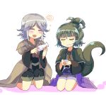  adagumo_no_saragimaru androgynous bottle bow brown_coat capelet closed_eyes frown green_hair hair_ornament houren_yabusame kijipoko kneeling len&#039;en open_mouth ponytail sake_bottle short_hair short_hair_with_long_locks short_ponytail shorts silver_hair smile snake_hair_ornament snake_tail sweatdrop tail 