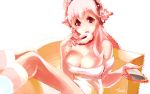  1girl breasts cellphone cleavage doughnut eating headphones large_breasts long_hair looking_at_viewer nitroplus open_mouth pasties phone pink_hair red_eyes smartphone solo super_sonico 