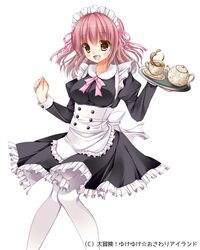  1girl :d ameya_kirika breasts brown_eyes carrying character_request cup dai_bouken!_yukeyuke_nagawari_island hair_ornament hair_ribbon maid maid_headdress official_art open_mouth pink_hair revision ribbon short_hair smile solo teacup teapot tray 