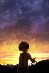  1boy artist_request brown_hair cityscape highres looking_at_viewer night night_sky original outstretched_hand short_hair sky smile star_(sky) sunset 