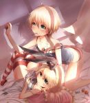  2girls adapted_costume all_fours aqua_eyes bare_legs blonde_hair blush candy digital_media_player earphones earphones hairband jewelry kantai_collection knees_together_feet_apart lollipop long_hair looking_at_viewer lying mouth_hold multiple_girls nano_(cherry_line) necklace on_back panties pillow pout shimakaze_(kantai_collection) short_hair strap_slip striped striped_legwear striped_panties tank_top underwear window_shade z1_leberecht_maass_(kantai_collection) 