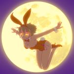  1girl animal_ears bowtie breasts brown_hair bunny_tail bunnysuit cleavage detached_collar fukusuke_hachi-gou highres moon original outstretched_arms rabbit_ears short_hair spread_arms tail wrist_cuffs yellow_eyes 